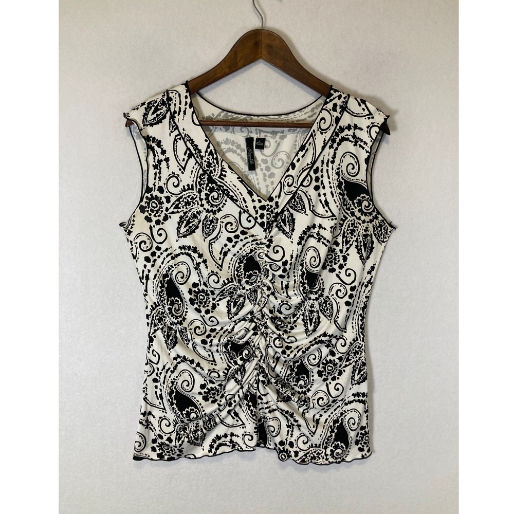 Boho Chic Essentials by Milano Women Large Black White Paisley Ruched V-Neck Top
